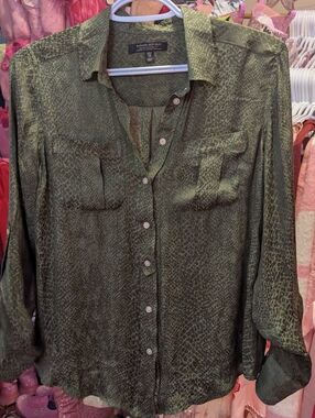 Banana Republic Shimmery Dark Olive Green Snake Print Button Blouse Xs
